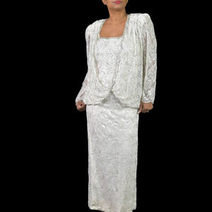Vintage Beaded Lace Dress White 80s Sequin Maxi Blouson Handmade Bespoke Small